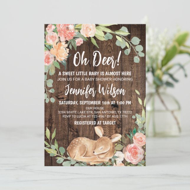 Invitación Oh Deer Rustic Boho Floral Baby Shower (Anverso de pie)