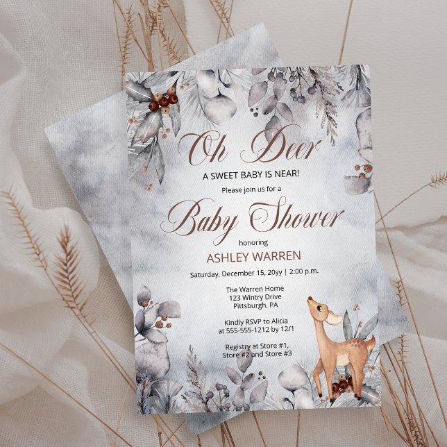 Invitación Oh Deer Rustic Winter Floral Baby Shower ("Oh Deer A Sweet Baby Is Near!"  Winter Woodland Deer-Themed Baby Shower Invitation)