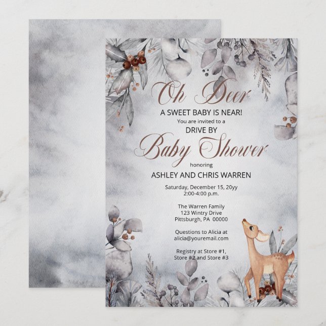 Invitación Oh Deer Rustic Winter Floral Drive De Baby Shower (Anverso / Reverso)