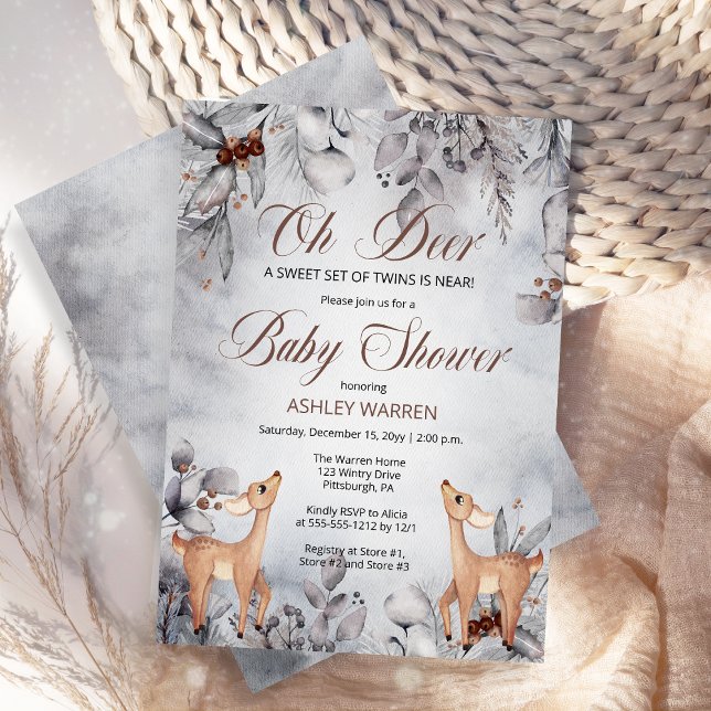 Invitación Oh Deer Rustic Winter Floral Twins Baby Shower In (Oh Deer Rustic Woodland Twins Baby Shower Invitation)