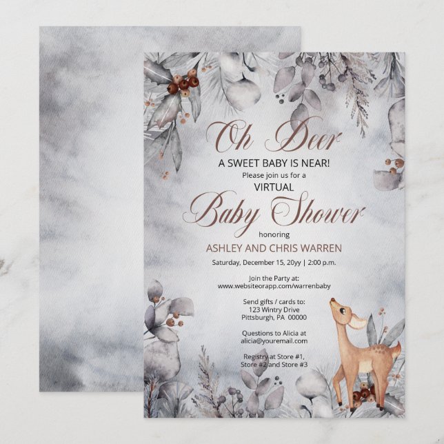 Invitación Oh Deer Rustic Winter Floral Virtual Baby Shower I (Anverso / Reverso)