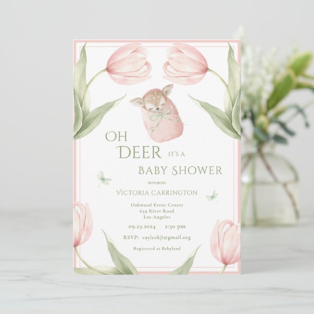 Invitación Oh Deer Tulips Pink Baby Shower (Anverso de pie)