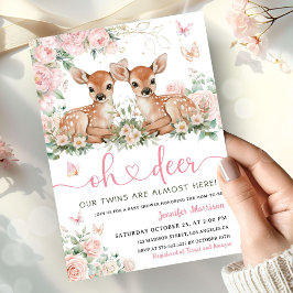 Invitación Oh Deer Twin Girls Baby Shower Pink Invitation