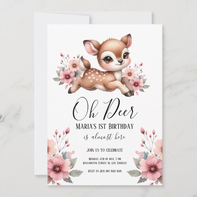 Invitación Oh Deer Watercolor Birthday Party (Anverso)