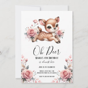 Invitación Oh Deer Watercolor Rosa flores Fiesta de cumpleaño