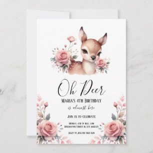 Invitación Oh Deer Watercolor Rosas Fiesta de Cumpleaños