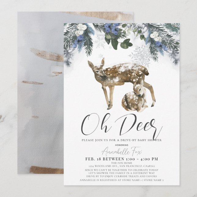 Invitación Oh Deer Winter Foliage & Blueberries Baby Shower (Anverso / Reverso)