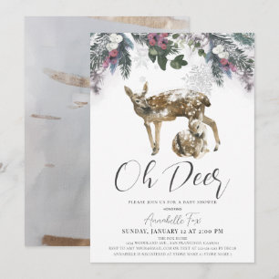 Invitación Oh Deer Winter Foliage y Red Berries Baby Shower