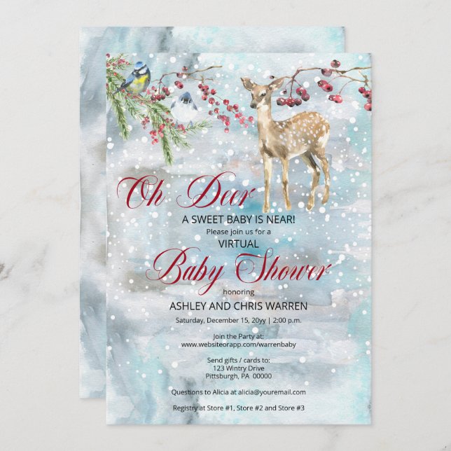 Invitación Oh Deer Woodland Animal Winter Virtual Baby Shower (Anverso / Reverso)