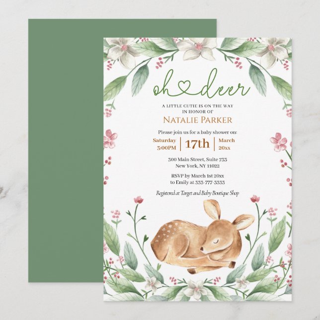 Invitación Oh Deer Woodland Floral Greenery Baby Shower (Anverso / Reverso)