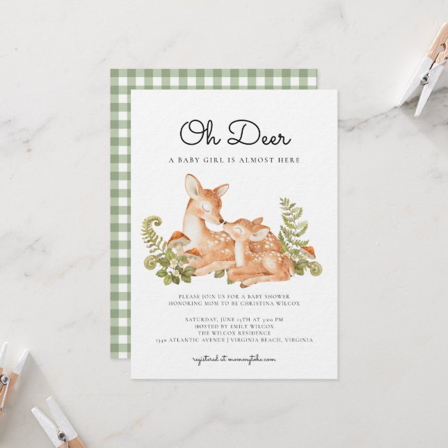 Invitación Oh Deer Woodland Forest Baby Shower  (Anverso/Reverso In Situ)