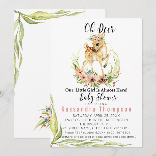 Invitación Oh el ciervo nuestra niña es casi aquí Baby Shower (Anverso / Reverso)