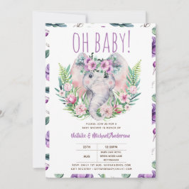 Invitación Oh Elefante bebé con flores moradas ducha moderna