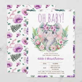 Invitación Oh Elefante bebé con flores moradas ducha moderna