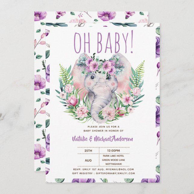 Invitación Oh Elefante bebé con flores moradas ducha moderna (Anverso / Reverso)
