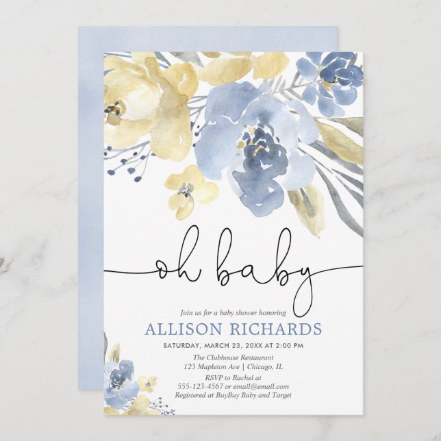 Invitación Oh fiesta de bienvenida al bebé floral amarilla (Anverso / Reverso)