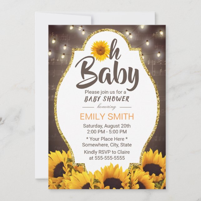 Invitación Oh girasoles elegantes y música de Baby Shower (Anverso)