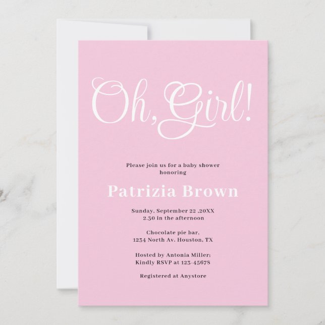 Invitación Oh Girl Pink Baby Shower  (Anverso)