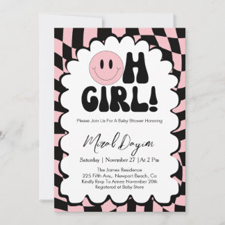 Invitación Oh Girl! Pink Checkered Happy Face Baby Shower