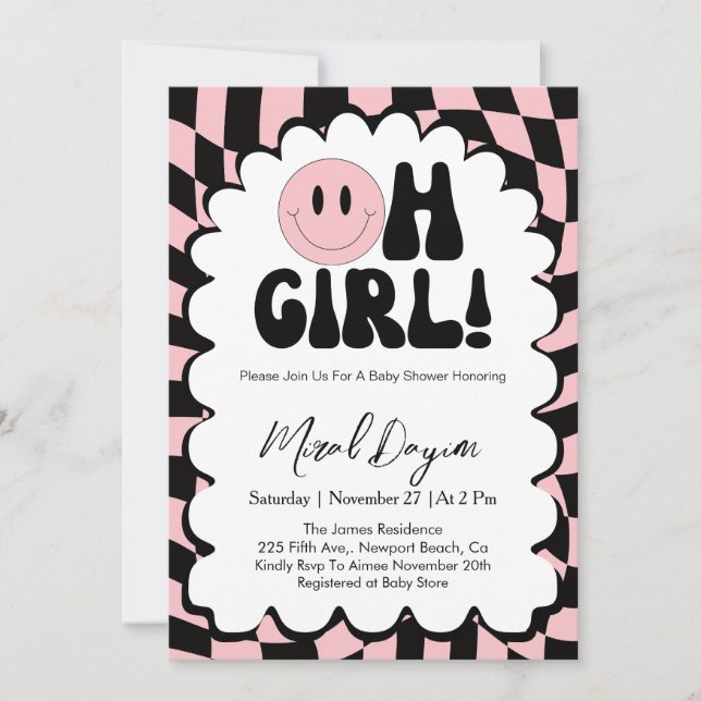 Invitación Oh Girl! Pink Checkered Happy Face Baby Shower (Anverso)
