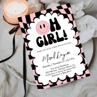 Invitación Oh Girl! Pink Checkered Happy Face Baby Shower