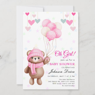 Invitación “Oh Girl!” teddy bear balloon baby shower