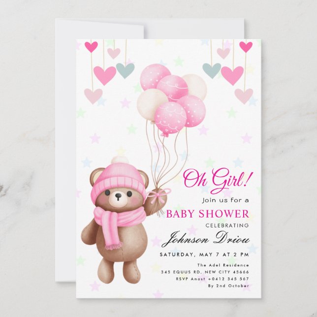 Invitación “Oh Girl!” teddy bear balloon baby shower (Anverso)