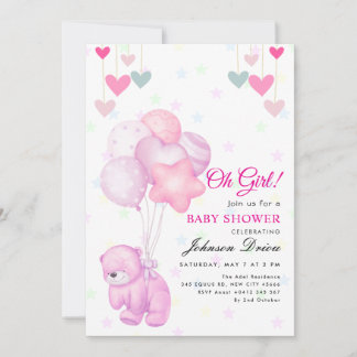 Invitación “Oh Girl!” teddy bear balloon baby shower Invitati