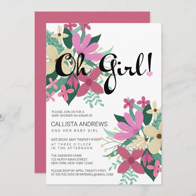 Invitación Oh Girly Pink Ivory Floral Bouquet Baby Shower (Anverso / Reverso)