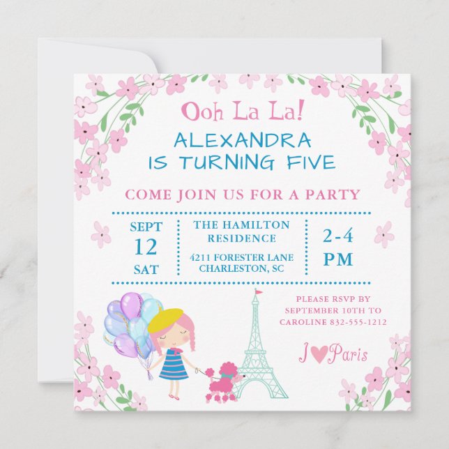 Invitación ¡Oh La La! Chica De París Y Cumpleaños De Poodle (Anverso)