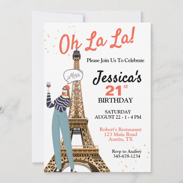 Invitación Oh La La Cumpleaños con Tema de París para Cualqui (Anverso)