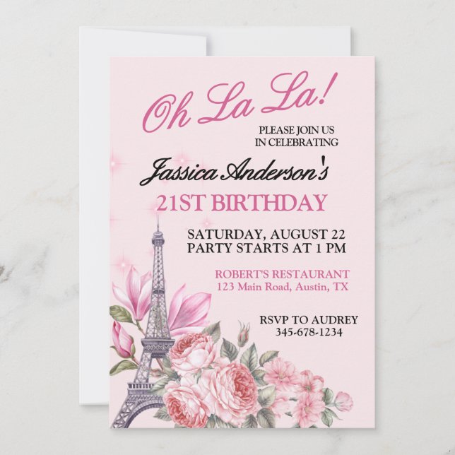 Invitación Oh La La Cumpleaños con Tema de París para Todas l (Anverso)