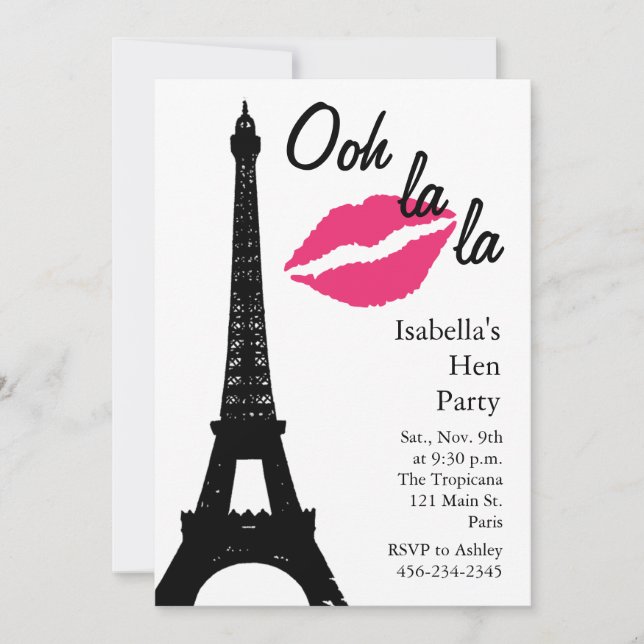 Invitación ¡Oh la la! Fiesta de gallinas (blanco) (Anverso)
