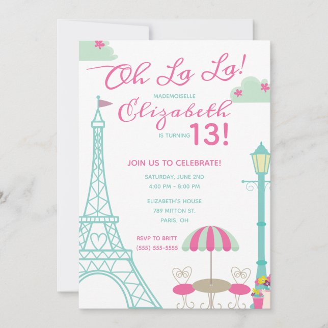 Invitación ¡Oh La La La! París, la fiesta de cumpleaños temát (Anverso)
