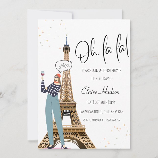 Invitación Oh La Moda Fiesta de Cumpleaños Temática de París (Anverso)