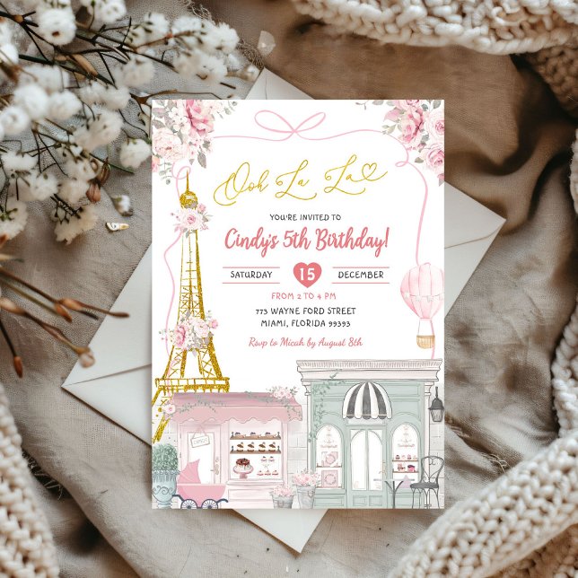 Invitación Oh La Pink Parisian Cafe Bow Coquette Cumpleaños (Subido por el creador)