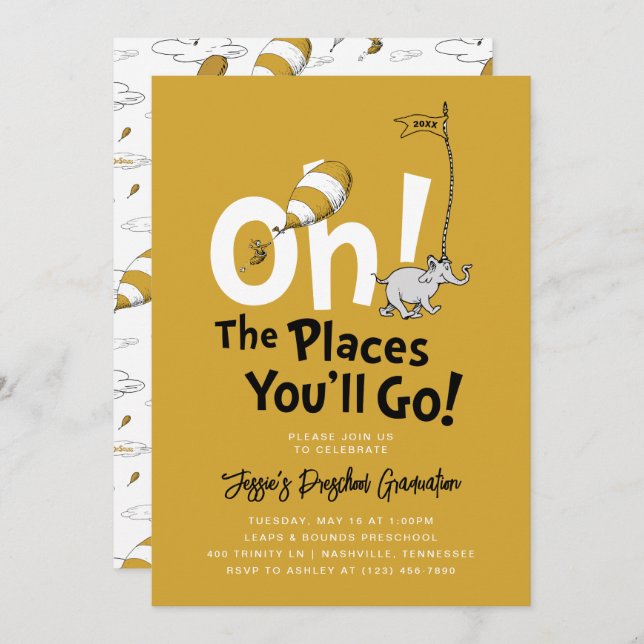 Invitación ¡Oh, los lugares a los que vas! Graduación de oro  (Anverso / Reverso)