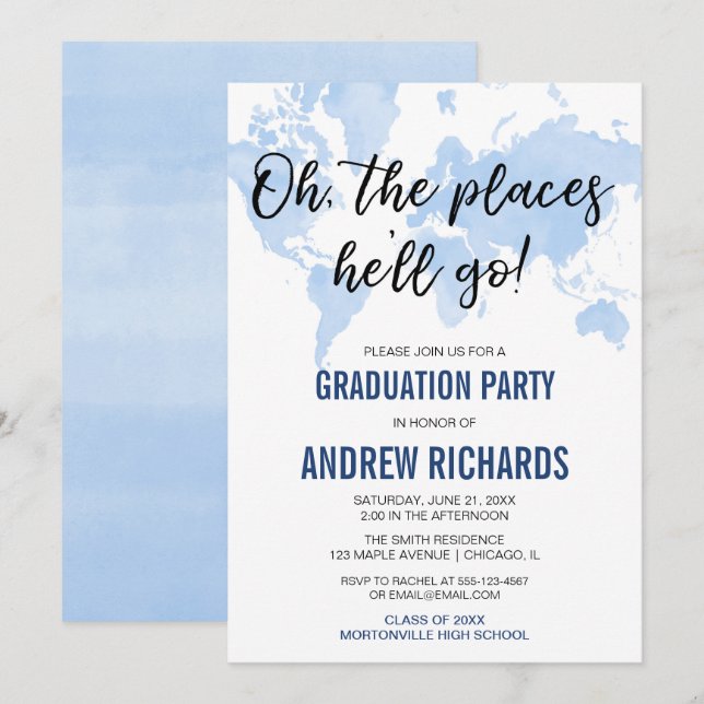 Invitación Oh los lugares donde irá a la fiesta de graduación (Anverso / Reverso)