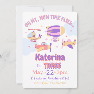 Invitación Oh Mi Cuánto Vuela el Tiempo Rosa Púrpura Aviación