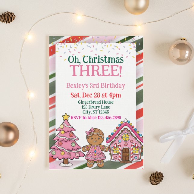 Invitación Oh Navidad Tres, Cumpleaños 3 Pink Holiday (Subido por el creador)