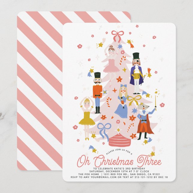Invitación Oh Navidad Tres Desfile de Cascanueces Rosa Cumple (Anverso / Reverso)
