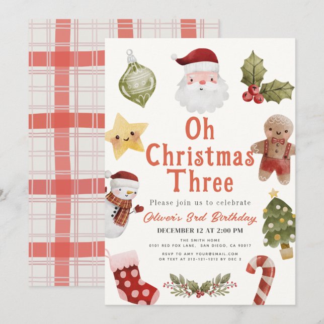 Invitación Oh Navidad Tres Santa Cumpleaños 3 (Anverso / Reverso)