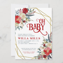Invitación Oh Navidades bebés Red Greenery Gold Baby Shower