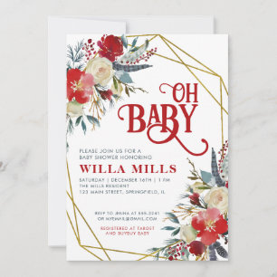 Invitación Oh Navidades bebés Red Greenery Gold Baby Shower