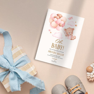 Invitación ¡Oh, nena! Baby Shower de globo rosa de oso volado