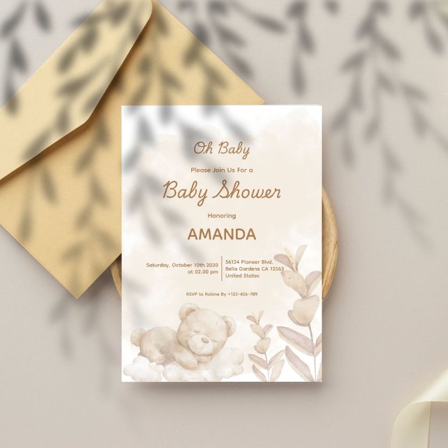 Invitación ¡Oh, nena! Baby Shower neutral del oso durmiente (Subido por el creador)