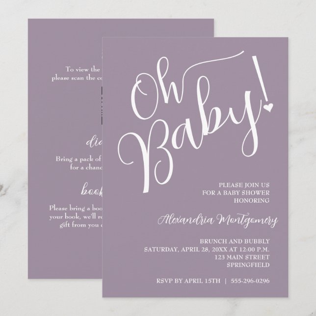 Invitación ¡Oh, nena! Baby Shower QR Code Purple (Anverso / Reverso)