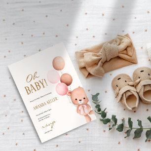 Invitación ¡Oh, nena! Bear y globos rosados Baby Shower