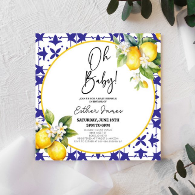 Invitación ¡Oh, nena! Blue Mediterranean Tile Lemon Baby Show (Subido por el creador)