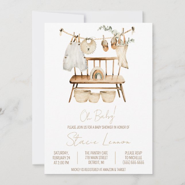 Invitación ¡Oh, nena! Boho, Unisex, Clothesline Baby Shower (Anverso)